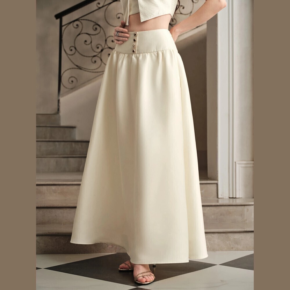 Cream Button Front High Waist A-Line Maxi Skirt